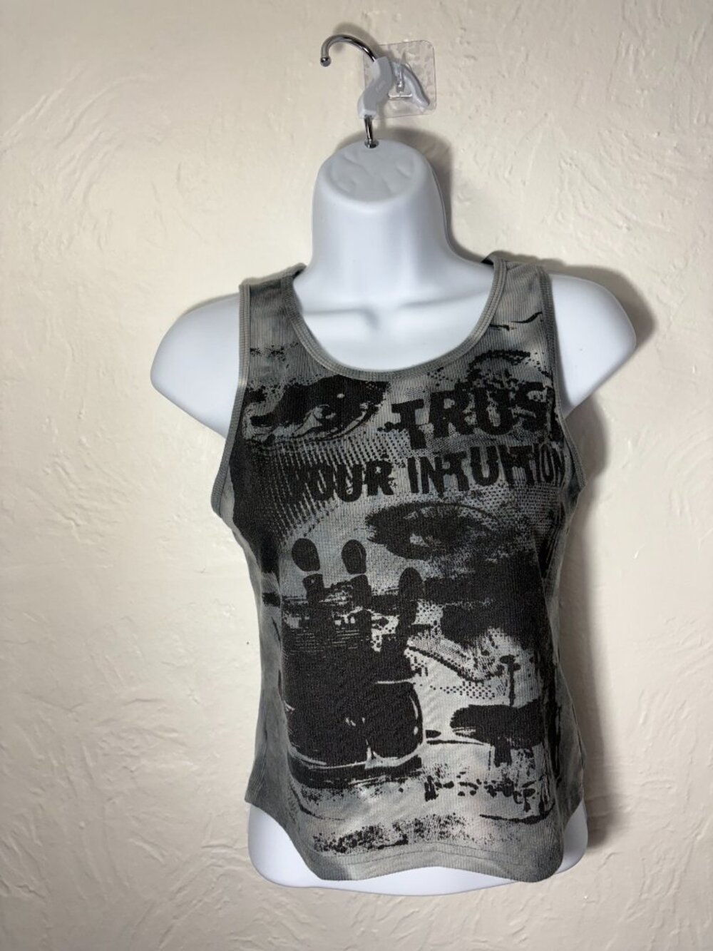 ROMWE Y2K Graphic Tank Top Gray Black Ribbed Grunge Goth Streetwear Women M